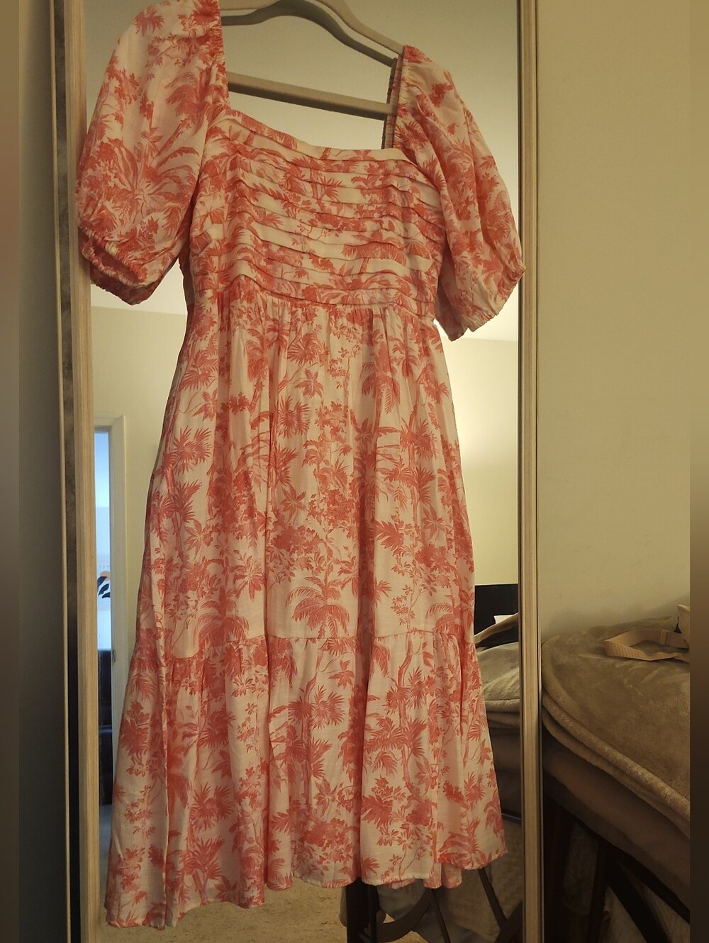 LC Lauren Conrad Coral Pink Printed Tiered Midi Dress with Puff Sleeves - Picture 2 of 9